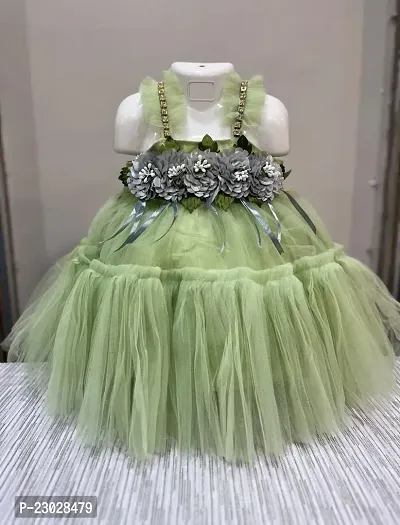 Adorable Green Net Party Wear Fit And Flare Dress For Girls