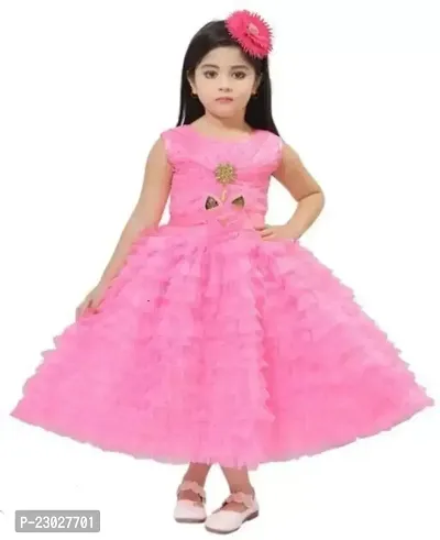 Adorable Pink Net Party Wear Fit And Flare Dress For Girls-thumb0