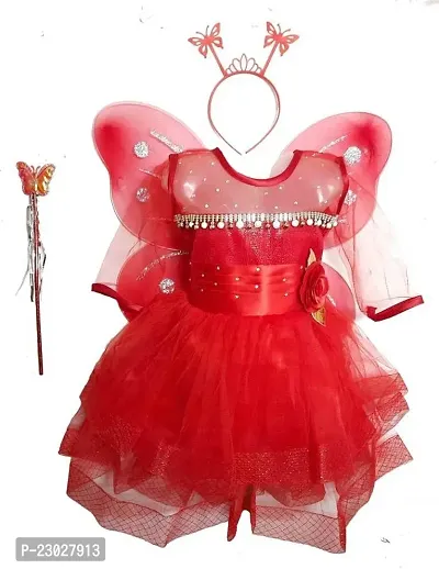 Adorable Red Net Party Wear Fit And Flare Dress For Girls