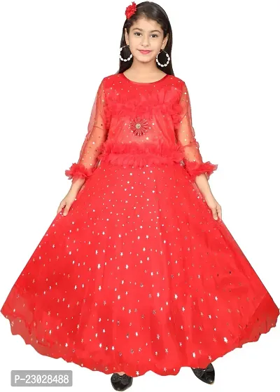 Adorable Red Net Party Wear Fit And Flare Dress For Girls-thumb0