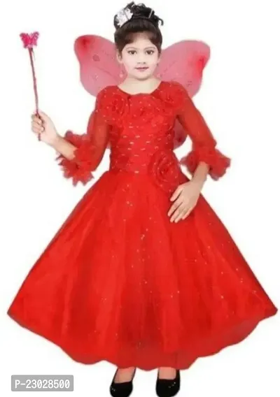 Adorable Red Net Party Wear Fit And Flare Dress For Girls-thumb0