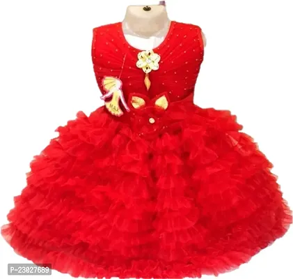Adorable Red Net Party Wear Fit And Flare Dress For Girls