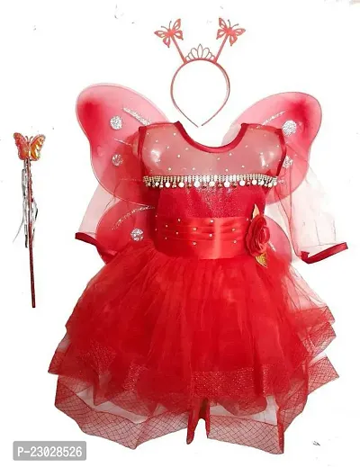 Adorable Red Net Party Wear Fit And Flare Dress For Girls-thumb0