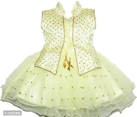 Adorable Beige Net Party Wear Fit And Flare Dress For Girls-thumb0