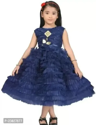 Adorable Blue Net Party Wear Fit And Flare Dress For Girls-thumb0