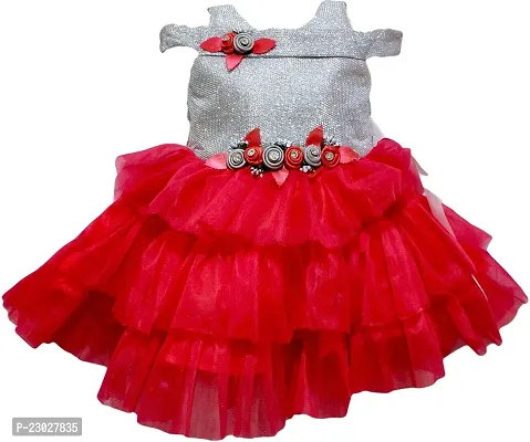 Adorable Red Net Party Wear Fit And Flare Dress For Girls-thumb0