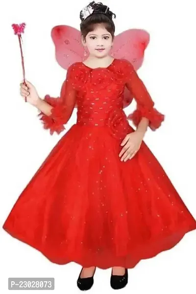 Adorable Red Net Party Wear Fit And Flare Dress For Girls-thumb0