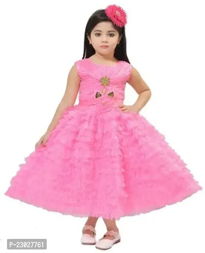 Adorable Pink Net Party Wear Fit And Flare Dress For Girls-thumb0