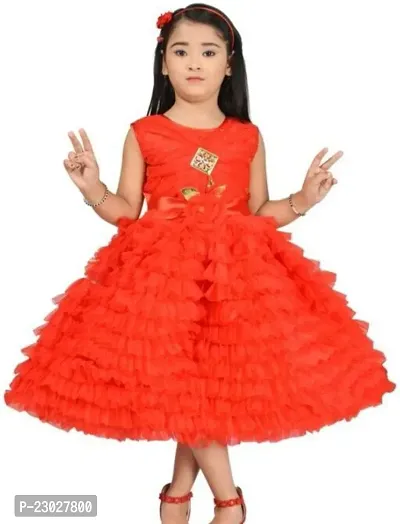 Adorable Orange Net Party Wear Fit And Flare Dress For Girls-thumb0