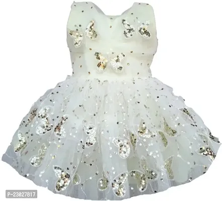 Adorable White Net Party Wear Fit And Flare Dress For Girls