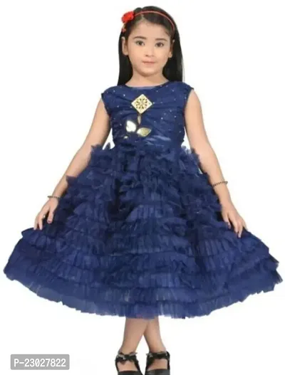 Adorable Blue Net Party Wear Fit And Flare Dress For Girls-thumb0