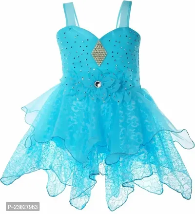 Adorable Blue Net Party Wear Fit And Flare Dress For Girls