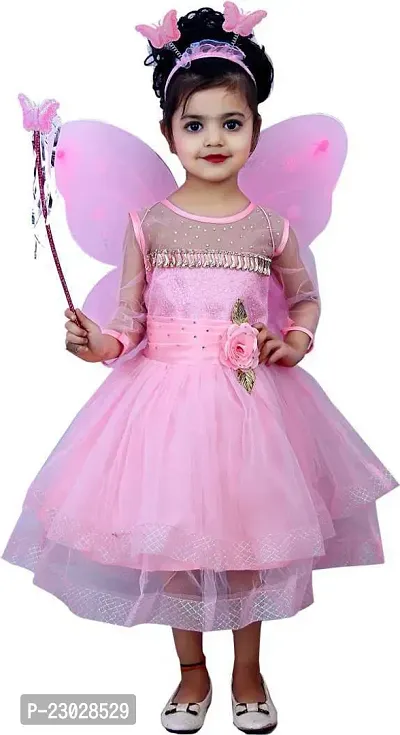 Adorable Pink Net Party Wear Fit And Flare Dress For Girls-thumb0