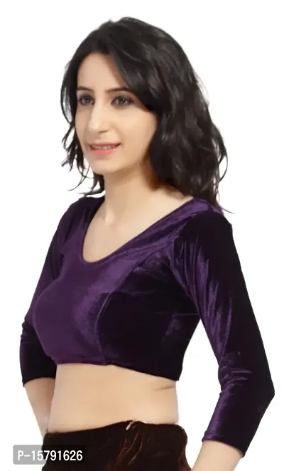 Carrel Women Velvet Fabric U-Neck 3/4 Sleeves Plain Blouse (purple,XL)-thumb3