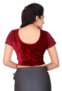 Carrel Women Velvet Fabric U Neck Netted Half Sleeves Plain Blouse (Dark Red,L)-thumb2