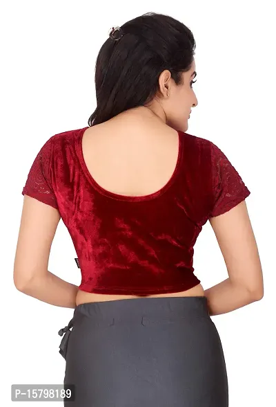 Carrel Women Velvet Fabric U Neck Netted Half Sleeves Plain Blouse (Dark Red,L)-thumb3