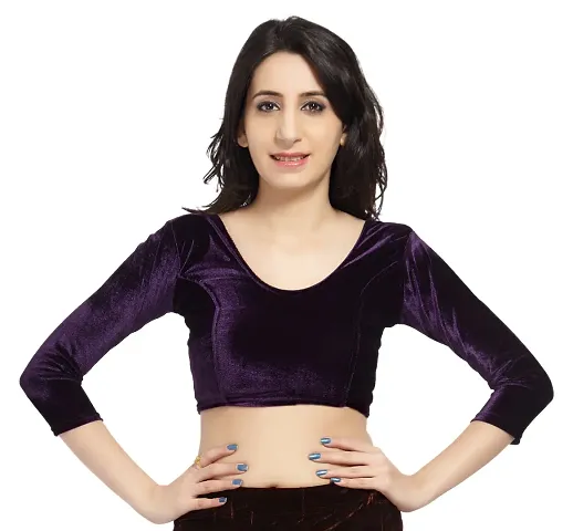 Carrel Women Velvet Fabric U-Neck 3/4 Sleeves Plain Blouse (purple,XL)