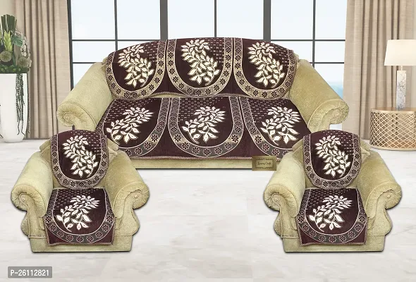 Fancy Luxurious Chenille Flowered Sofa Cover 5 Seater Brown, Standard-thumb0