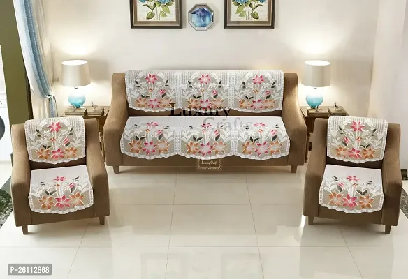 Fancy Polyester 5 Seater Sofa And Chair Flower Printed Cover Off White , Standard Set Of 6 Pieces