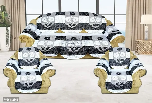 Fancy Poly Cotton Net Printed 5 Seater Sofa And Chair Cover Set With 6 Arms Cover Black, Standard Size 12 Pieces