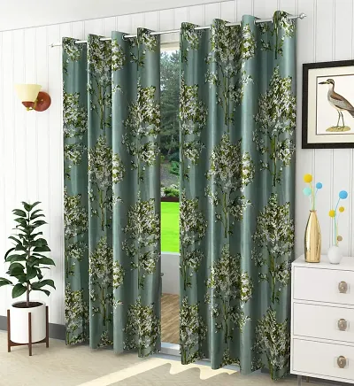 Stylish Green Polyester Printed Eyelet Fitting Door Curtain