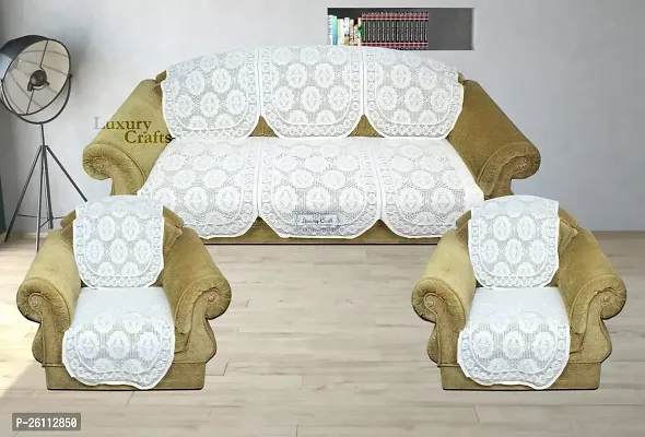 Fancy Crafts Net Polyester Fabric 5 Seater Sofa And Chair Cover Set Of 6 Pcs White