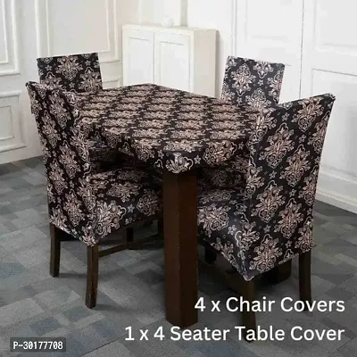 Beautiful Stretchable Chair Cover + Dining Table Cover 4 Seater| Pack of 5 Pcs-thumb0