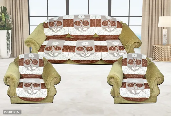 Fancy Net Polycotton Fabric 5 Seater Sofa And Chair Cover Floral Set Of 6 Coffee Color-thumb0