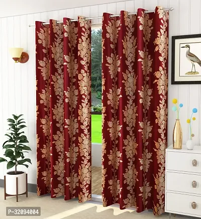 LUXURY CRAFTS Polyster Fabric Luxurious Printed Curtains for Door 4x7 Feet(48x84 inches), Set of 2 (Maroon)-thumb0