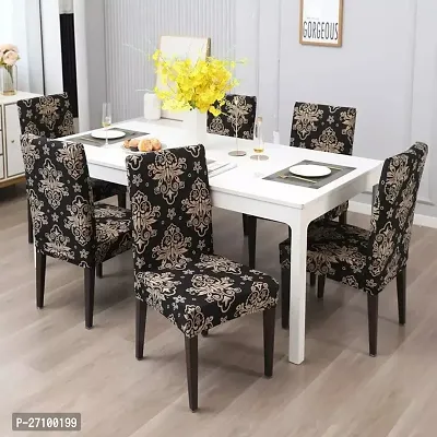 Luxury Crafts Polyester Blend Stretchable Printed Washable Elastic Dining Chair Covers) - Set of 6(Black)-thumb0