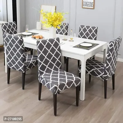 Luxury Crafts Polyester Blend Stretchable Printed Washable Elastic Dining Chair Covers) - Set of 6(Grey)