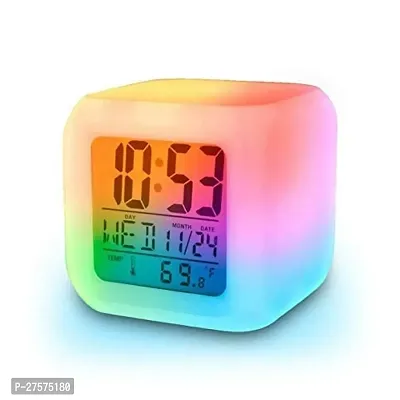 Magic Digital Calendar, Timer Watch, Temperature Light Operated LED Plastic Alarm Clock with Automatic 7 Color Changing (White, 7.5x7.5x7.5 cm)-thumb0