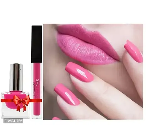 Pink Color Nail Polish With Matching Shade Liquid Matte Lipstick Combo-thumb0