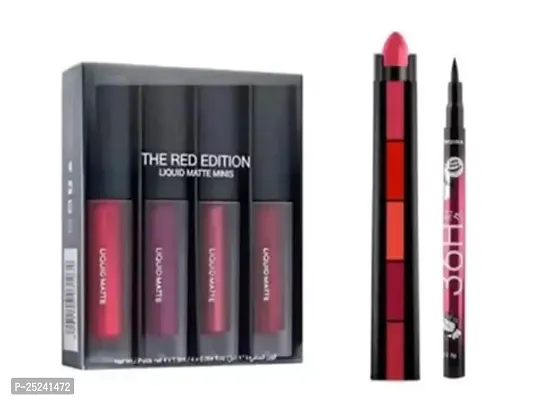 Glowy Matte Mini Liquid Lipstick For Girls And Women  Red Edition  With Fab 5 In 1 Matte Lipstick , 36 H Waterproof Eyeliner