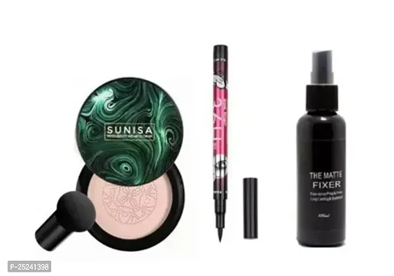 Sunisa Mushroom Head Air Cushion Pad Cc Cream Liquid Foundation + 36H Waterproof Eyeliner + Makeup Setting Spray Makeup Fixer Combo Set Of 3 Items