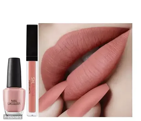 Nudes Color Nail Polish With Matching Shade Liquid Matte Lipstick Combo-thumb0