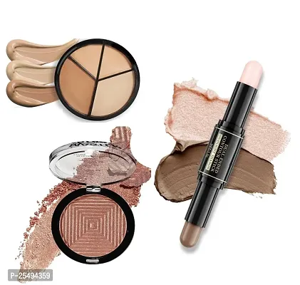 HUDACRUSH Beauty 3in1 Face Contour Kit - 4 Shades Contour Palette Light/Medium | Shimmering Bronzer Powder Makeup | 2in1 Double-End Contour Highlighter Stick Face Concealer Makeup Combo Of 3 Items-thumb0