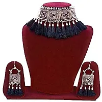 Kancha Women's German Silver Oxidised Afghani Style Meenakari Touch Tassel with Cotton Threads Choker Necklace Set with Earrings-thumb2