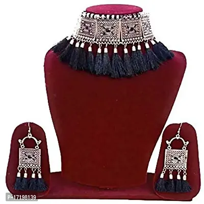 Kancha Women's German Silver Oxidised Afghani Style Meenakari Touch Tassel with Cotton Threads Choker Necklace Set with Earrings-thumb3