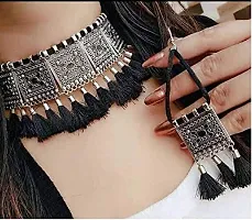 Kancha Women's German Silver Oxidised Afghani Style Meenakari Touch Tassel with Cotton Threads Choker Necklace Set with Earrings-thumb3