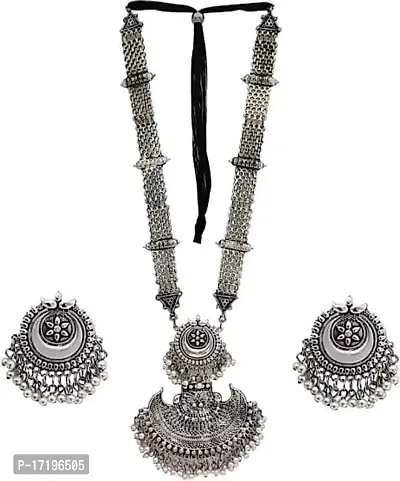 JMBW Afghani Oxidised Silver Jewellery Stylish Antique Long Necklace Set for Women  Girls