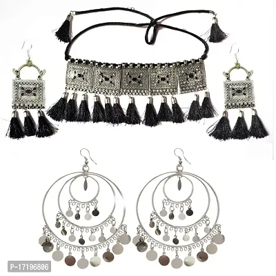 RatCraft Made in India Special Combo Offer Jewellery Set and Hoop earrings for Women Silver and Black Plated unique Oxidised Tribal Cotton Thread Traditional Earring Set with for Women  Girls-thumb0