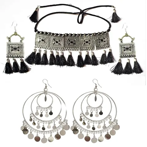 Molika Special Combo Offer Jewellery Set and Hoop earrings and Plated unique Oxidised Tribal Thread Traditional Earring Set with for Women & Girls