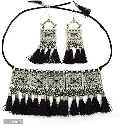 Kancha Women's German Silver Oxidised Afghani Style Meenakari Touch Tassel with Cotton Threads Choker Necklace Set with Earrings-thumb0