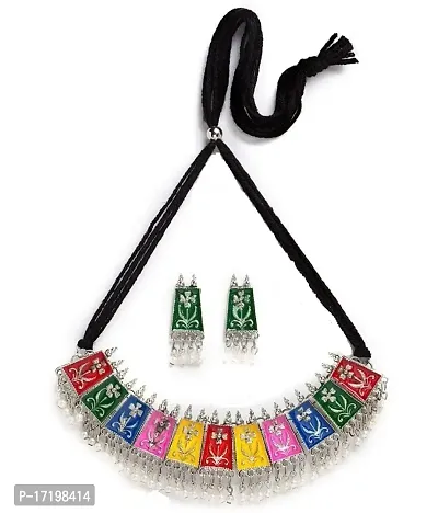 Latest Multicolor Oxidized Choker Set With Earrings - Garba Rajasthani Hand Made Traditional Ethnic Choker Set for Women and Girl-Chic, Boho Style, Statement Fashion Necklace for Women