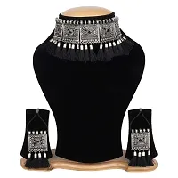 PandZipp Afgani Earring and Choker Necklace Jewellery Set oxidised German Silver with Cotton Threads for Women and Girls-thumb1