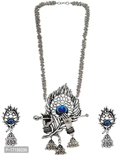 RAPID Silver Coated Oxidised Designer Jewellery Krishna Flute Necklace Set for Women  Girls-thumb0