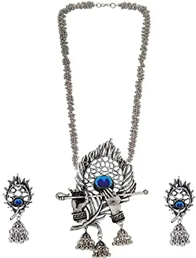 JMBW Krishna Murli Style Jewellery Necklace Set | Krishna Flute Feather Pendant Necklace with Jhumki jewellery Set for Women & Girls