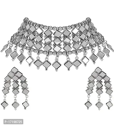 Vibgyor Jewels Afghani Silver oxidised Mirror Choker Jewellery Necklace Set for Girls  Women