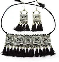 Kancha Women's German Silver Oxidised Afghani Style Meenakari Touch Tassel with Cotton Threads Choker Necklace Set with Earrings-thumb1